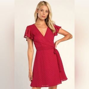 Lulus “Much to Celebrate Slate Swiss Dot Flutter Sleeve Wrap Mini Dress”